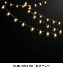 Christmas lights isolated on transparent background for cards, banners, posters, web design. Set of golden xmas glowing garland Led neon lamp Vector illustration