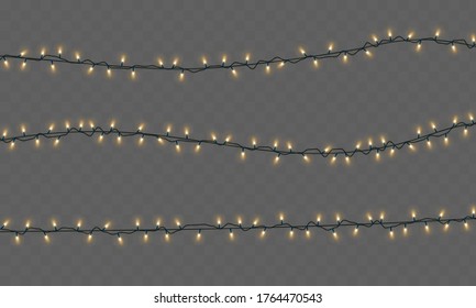 Christmas lights isolated on a transparent background. Christmas electric garland of yellow light bulbs. Glowing lights for Christmas greeting card design, holiday decorations. Vector illustration