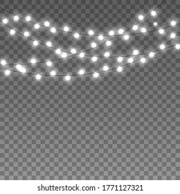 Christmas lights isolated on transparent background. Garlands for cards, banners, posters, web design. Set of golden xmas glowing garland Led neon lamp Vector illustration