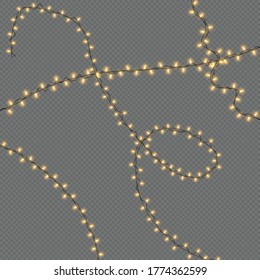 Christmas lights isolated on a transparent background. Christmas electric garland of yellow light bulbs. Glowing lights for Christmas greeting card design, holiday decorations. Vector illustration