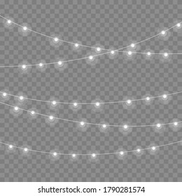 Christmas lights isolated on transparent background. Garlands for cards, banners, posters, web design. Set of golden xmas glowing garland Led neon lamp Vector illustration