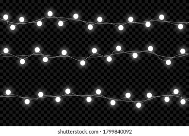 Christmas lights isolated on transparent background. Garlands for cards, banners, posters, web design. Set of golden xmas glowing garland Led neon lamp Vector illustration