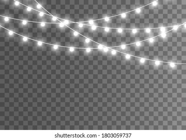 Christmas lights isolated on transparent background. Garlands for cards, banners, posters, web design. Set of white xmas glowing garland Led yellow neon lamp Vector illustration