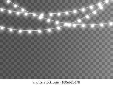 Christmas lights isolated on transparent background. Garlands for cards, banners, posters, web design. Set of white xmas glowing garland Led yellow neon lamp Vector illustration