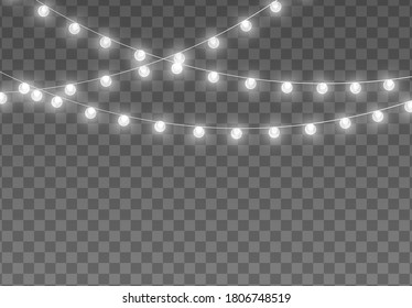 Christmas lights isolated on transparent background. Garlands for cards, banners, posters, web design. Set of white xmas glowing garland Led yellow neon lamp Vector illustration
