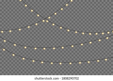 Christmas lights isolated on transparent background. Garlands for cards, banners, posters, web design. Set of golden xmas glowing garland Led neon lamp Vector illustration