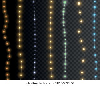 Christmas lights isolated on transparent background for cards, banners, posters, web design. Set of golden xmas glowing garland Led neon lamp Vector illustration