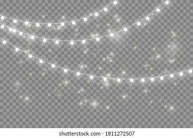 Christmas lights isolated on transparent background. Garlands for cards, banners, posters, web design. Set of golden xmas glowing garland Led neon lamp Vector illustration