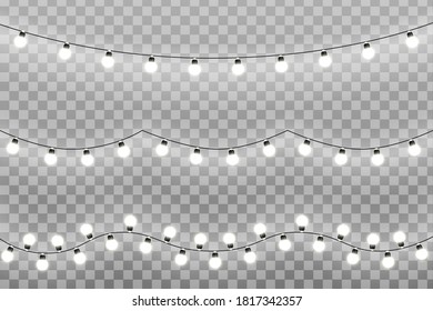 Christmas lights isolated on transparent background. Glowing lights for Xmas Holiday greeting card design. Garlands, Christmas decorations. Vector illustration EPS10