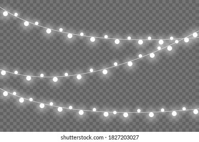 Christmas lights isolated on transparent background. Garlands for cards, banners, posters, web design. Set of golden xmas glowing garland Led neon lamp Vector illustration