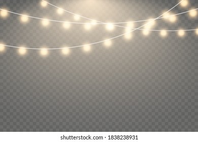 Christmas lights isolated on transparent background. Set of golden xmas glowing garland with sparks. 