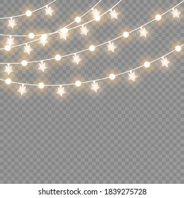 Christmas lights isolated on transparent background. Xmas glowing garland. Vector illustration.