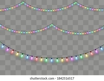 Christmas lights isolated on transparent background. Xmas glowing garland. Vector illustration