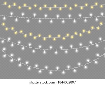 Christmas lights, isolated on a transparent background. Glowing lights for Christmas holiday cards, banners, posters, web designs. Led neon lamp. Garland decorations. Vector illustration, eps 10.