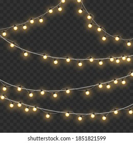 Christmas lights isolated on transparent background. Garlands for cards, banners, posters, web design. Set of golden xmas glowing garland Led neon lamp Vector illustration