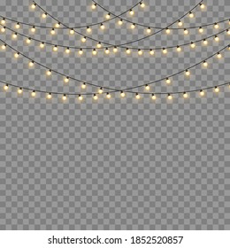 Christmas lights isolated on transparent background. Garlands for cards, banners, posters, web design. Set of golden xmas glowing garland Led neon lamp Vector illustration