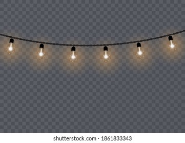 Christmas lights isolated on transparent background. Xmas glowing garland. Vector illustration.