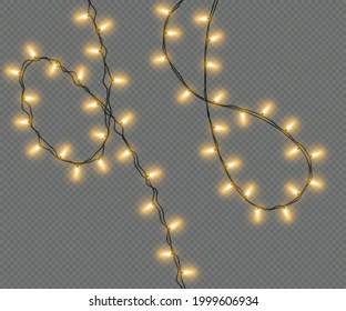 Christmas lights isolated on a transparent background. Christmas electric garland of yellow light bulbs. Glowing lights for Christmas greeting card design, holiday decorations. Vector illustration
