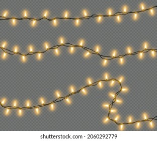 Christmas lights isolated on a transparent background. Christmas electric garland of yellow light bulbs. Glowing lights for Christmas greeting card design, holiday decorations. Vector illustration