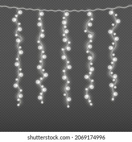 Christmas lights isolated on transparent background for cards, banners, posters. Silver light, led neon lamp. String with glowing bulbs.