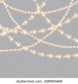 Christmas lights isolated on transparent background. Christmas glowing garlands.