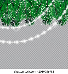 Christmas lights isolated on transparent background. Christmas glowing garlands on a green tree ..