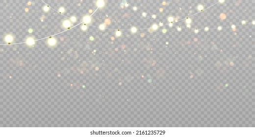 Christmas lights isolated on transparent background. Set of golden Christmas glowing garlands with sparks. For congratulations, invitations and advertising design. Vector