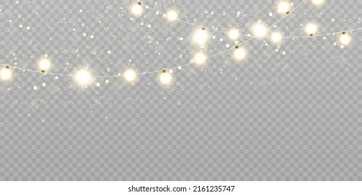 Christmas lights isolated on transparent background. Set of golden Christmas glowing garlands with sparks. For congratulations, invitations and advertising design. Vector