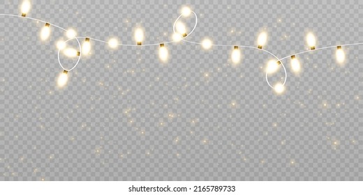 Christmas lights isolated on transparent background. Set of golden Christmas glowing garlands with sparks. For congratulations, advertising design invitations, web banners. Vector