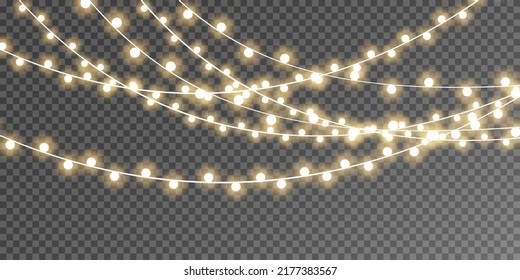 Christmas lights isolated on transparent background. Set of golden Christmas glowing garlands. Vector illustration