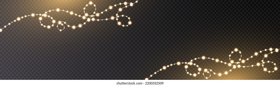 Christmas lights isolated on transparent background. Set of golden Christmas glowing garlands with sparks. For congratulations, invitations and advertising design. 	