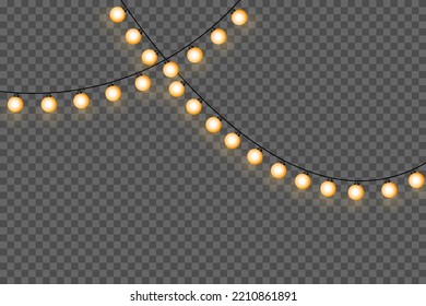 Christmas lights isolated on transparent background. Garlands for cards, banners, posters, web design. Set of golden xmas glowing garland Led neon lamp Vector illustration