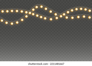 Christmas lights isolated on transparent background for cards, banners, posters, web design. Set of golden xmas glowing garland Led neon lamp Vector illustration