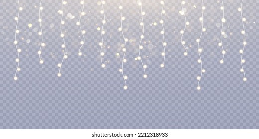 Christmas lights isolated on transparent background. Set of golden Christmas glowing garlands with sparks. For congratulations, invitations and advertising design. Vector	