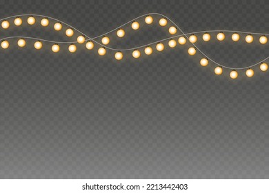 Christmas lights isolated on transparent background for cards, banners, posters, web design. Set of golden xmas glowing garland Led neon lamp Vector illustration