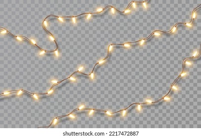 Weihnachtsleuchten einzeln auf transparentem Hintergrund. Weihnachtsgarland mit gelben Glühbirnen. Glühende Lichter für Grußkartendesign, Feriendekorationen. Vektorgrafik