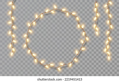 Christmas Lights Isolated On A Transparent Background. Christmas Electric Garland Of Yellow Light Bulbs. Glowing Lights For Greeting Card Design, Holiday Decorations. Vector Illustration