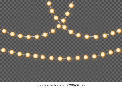 Christmas lights isolated on transparent background. Garlands for cards, banners, posters, web design. Set of golden xmas glowing garland Led neon lamp Vector illustration