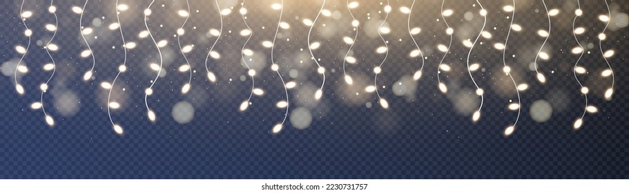 Christmas lights isolated on transparent background. Set of golden Christmas glowing garlands with sparks. For congratulations, invitations and advertising design. Vector