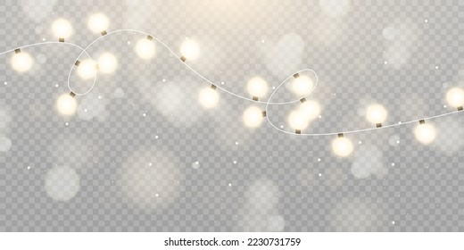 Christmas lights isolated on transparent background. Set of golden Christmas glowing garlands with sparks. For congratulations, invitations and advertising design. Vector