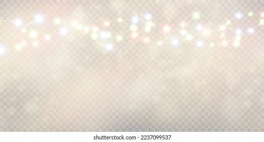 Christmas lights isolated on transparent background. Set of colorful Christmas glowing garlands with sparks. For congratulations, invitations and advertising design. Vector