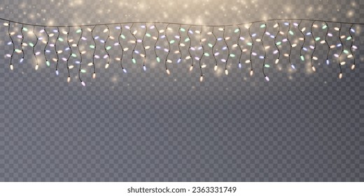 Christmas lights isolated on transparent background. Set of golden Christmas glowing garlands with sparks. For congratulations, advertising design invitations, web banners. Vector	