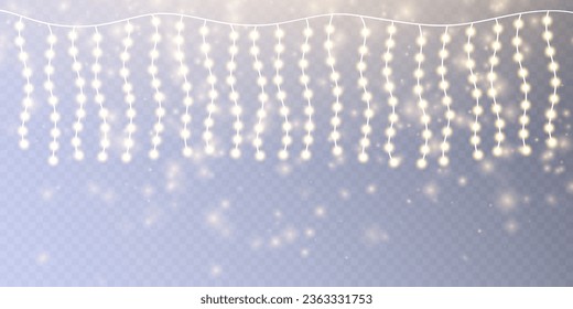 Christmas lights isolated on transparent background. Set of golden Christmas glowing garlands with sparks. For congratulations, advertising design invitations, web banners. Vector	