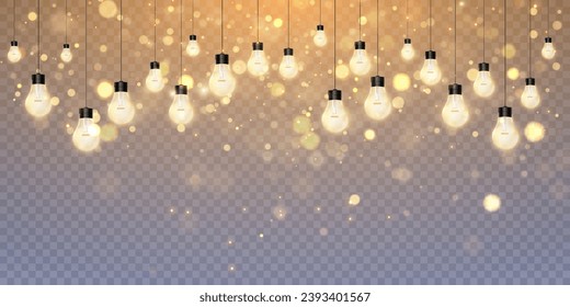 Christmas lights isolated on transparent background. Christmas glowing garlands with sparks. For congratulations, invitations and advertising design. 