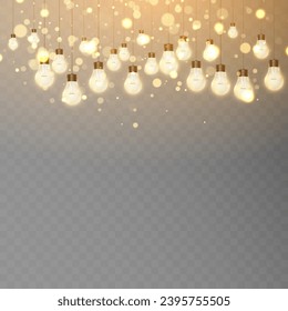 Christmas lights isolated on transparent background. Christmas glowing garlands with sparks. For congratulations, invitations and advertising design. 