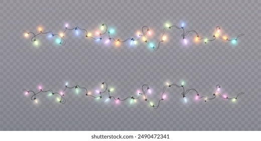 Christmas lights isolated on transparent background. Set of golden Christmas glowing garlands with sparks. For congratulations, advertising design invitations, web banners. Vector