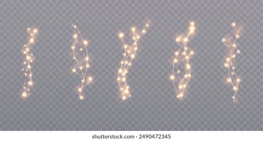 Christmas lights isolated on transparent background. Set of golden Christmas glowing garlands with sparks. For congratulations, advertising design invitations, web banners. Vector