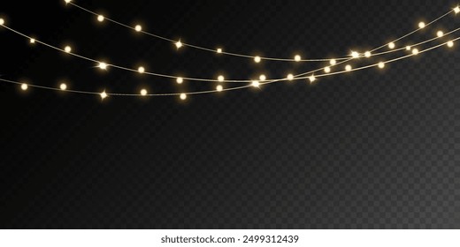 Navidades de luces aisladas sobre un fondo oscuro transparente. Conjunto de guirnaldas brillantes de Navidades doradas. Ilustración vectorial	