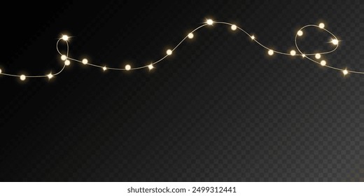 Christmas lights isolated on a transparent dark background. Set of golden Christmas glowing garlands. Vector illustration	