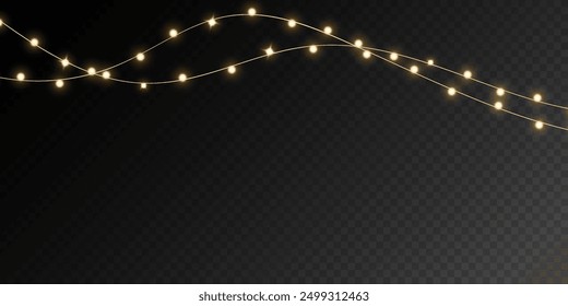 Navidades de luces aisladas sobre un fondo oscuro transparente. Conjunto de guirnaldas brillantes de Navidades doradas. Ilustración vectorial	